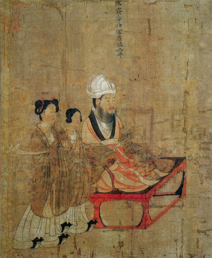 A section of the scroll depicting an important looking man sitting on a bench with two women standing next to him.