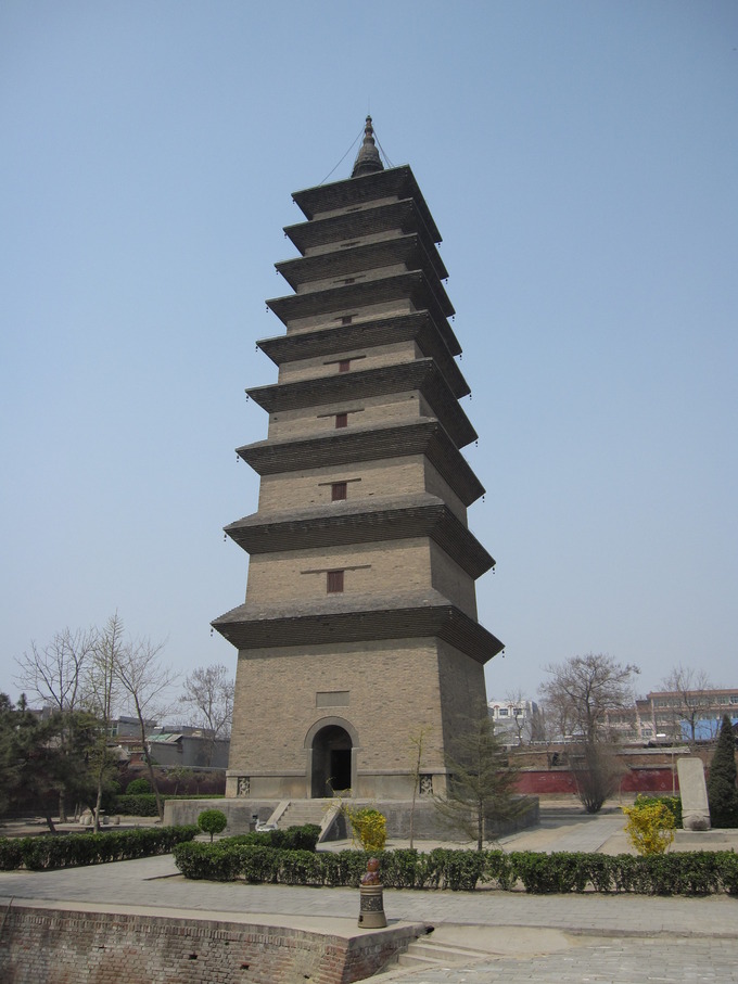 The pagoda has nine tiers of eaves and a crowning spire.