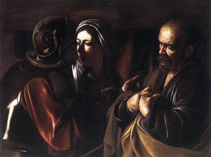 This painting depicts a scene from the New Testament. St. Peter is denying Jesus after Jesus was arrested.