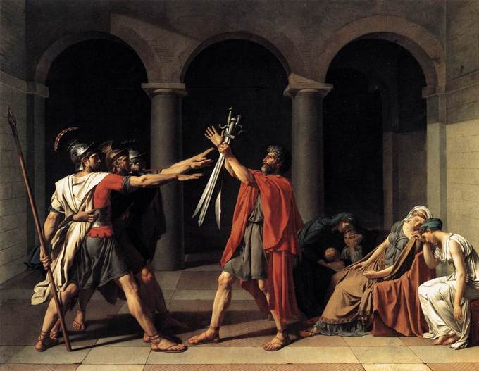 This painting depicts a scene from a Roman legend about a dispute between two warring cities: Rome and Alba Longa. It shows the three brothers of the Horatius family pledging their allegiance to Rome. They salute their father, who holds a sword.