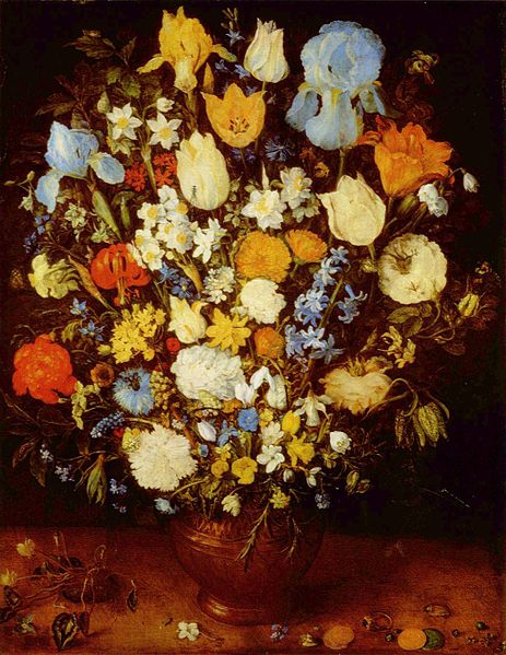 Painting depicts flowers arranged in a vase with smaller flowers at the base and larger flowers at the top. The flowers include roses, tulips, and forget-me-nots among others.