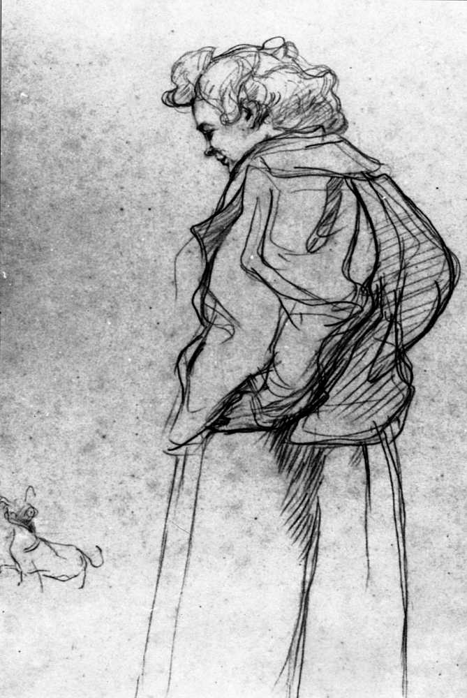 Sketch that depicts a woman and her dog. The woman is shown in profile, wearing a baggy coat. She smiles down at her small dog. The dog stands ahead of her, looking back with its mouth open as if barking.