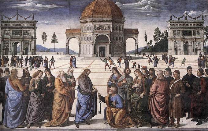 Painting depicts a scene from the Bible in which St. Peter is given the keys to Heaven. In the foreground, St. Peter kneels surrounded by apostles as Jesus hands him the keys. In the background at the center of the painting, there's a large temple flanked by arches.