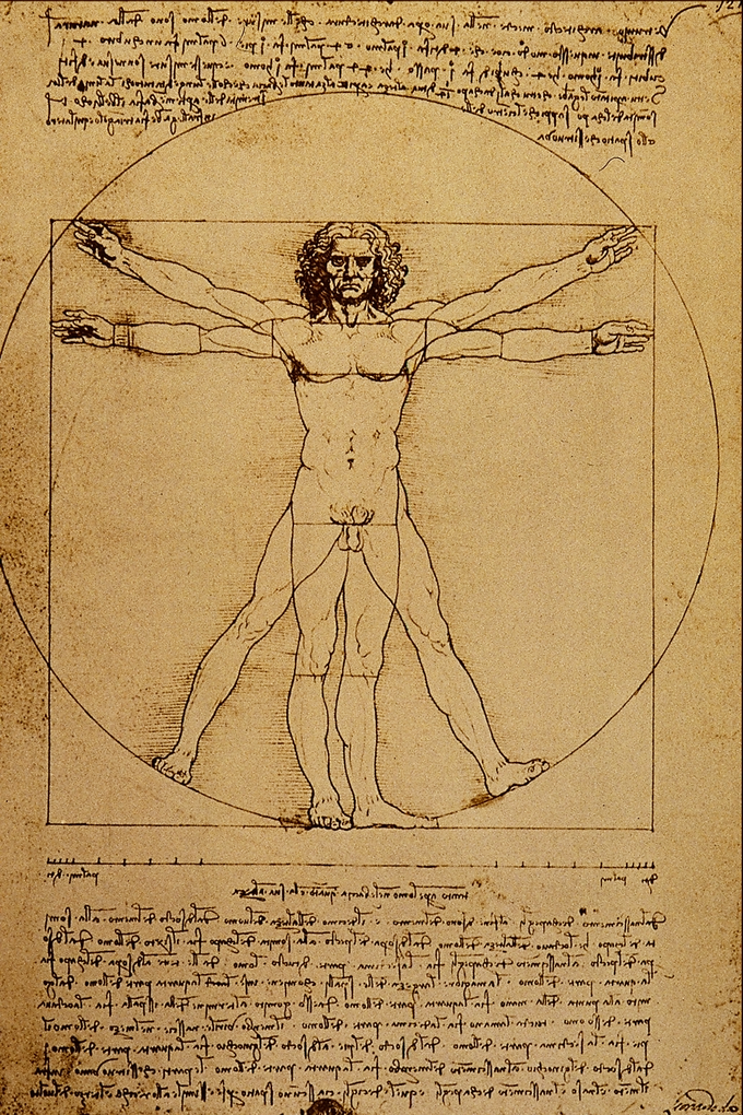 Drawing depicts a man in two superimposed positions with his arms and legs apart and inscribed in a circle and square.