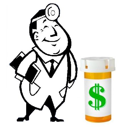 A cartoon doctor, smiling and standing next to a prescription pill bottle with a dollar sign on its label.