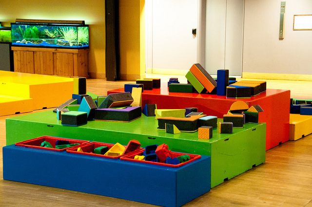 A room filled with oversized building blocks for children.