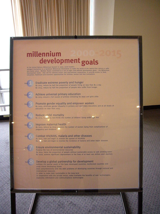 A poster at the United Nations Headquarters in New York City, New York, showing Millennium Development Goals.
