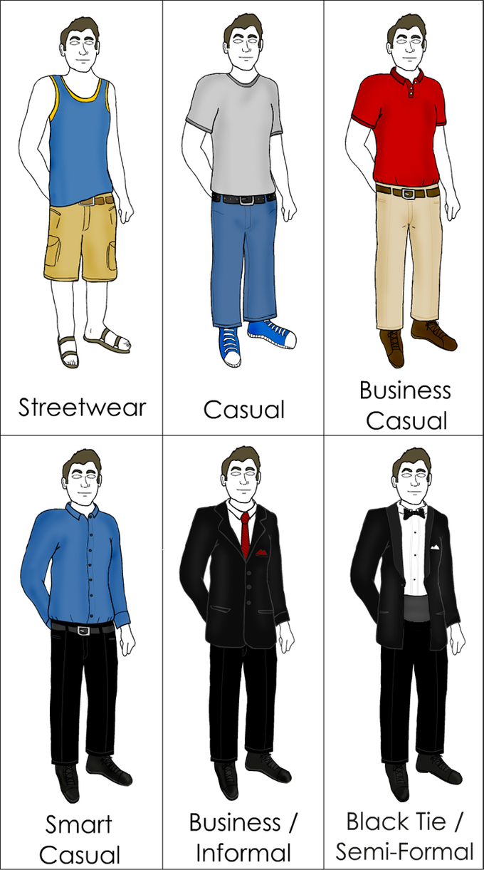 The image shows six drawings of the same man wearing streetwear, casual, business casual, smart casual, business/informal, and black tie/semi-formal clothing.