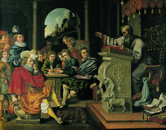 A painting of a lecture at a knight academy. The speaker is standing at the lectern and the audience is seated nearby.