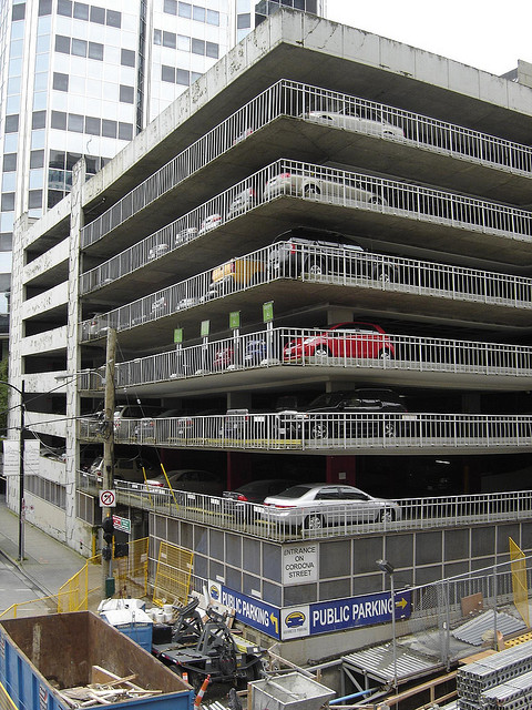 A picture of a multi-level parking garage.