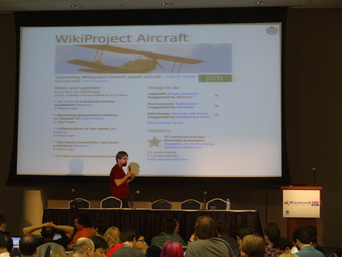 Erik Möller speaking about a visual redesign of WikiProject main pages in his presentation on 'The purpose-driven social network: Supporting WikiProjects with technology' at Wikimania 2012.