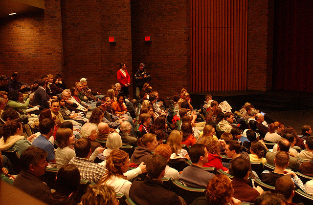 An audience waiting to hear Canadian politician Justin Trudeau speak at the University of Waterloo's Humanities Theater.
