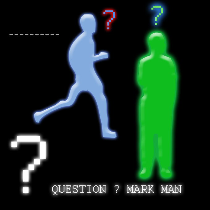 An image that has the outlines of two men as well as multiple question markets. It says 