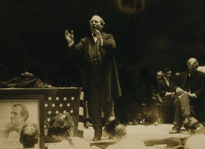 A picture of William Jennings Bryan giving a campaign speech in 1908.