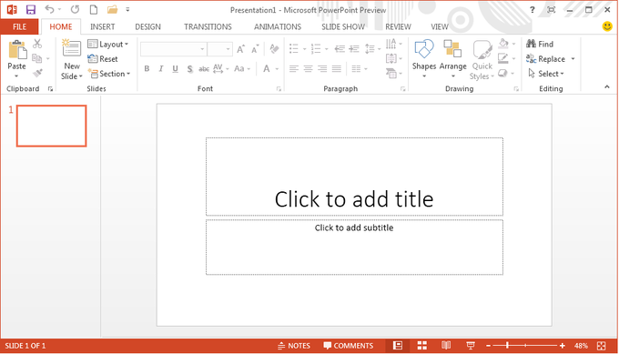 A screenshot of an empty slide in PowerPoint 2013.