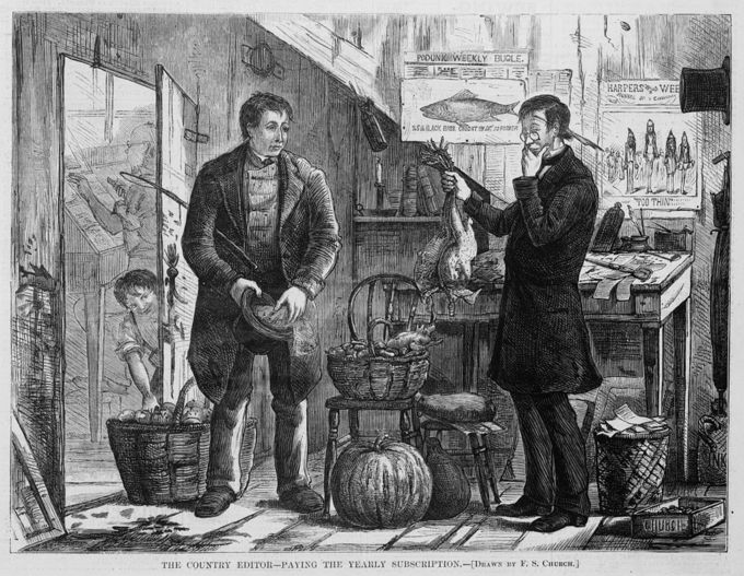A newspaper illustration in Harper's Weekly where two men engaging in a barter. One man offers chickens in exchange for his yearly newspaper subscription.