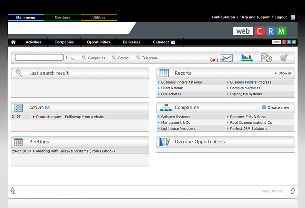 A screenshot from an example CRM system, WebCRM.
