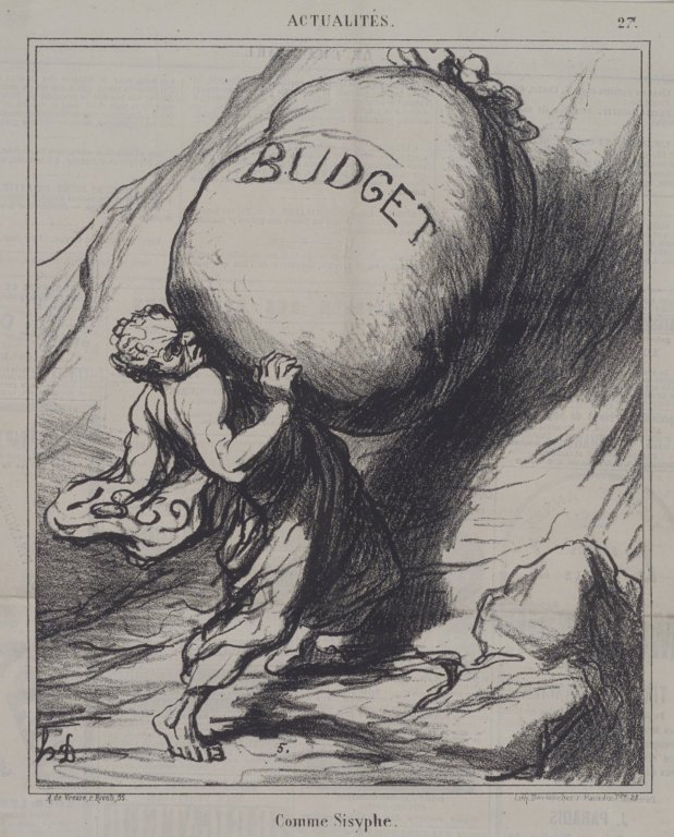 The illustration Comme Sisyphe - Honoré Daumier at the Brooklyn Museum. A man is pushing a large bag that says 