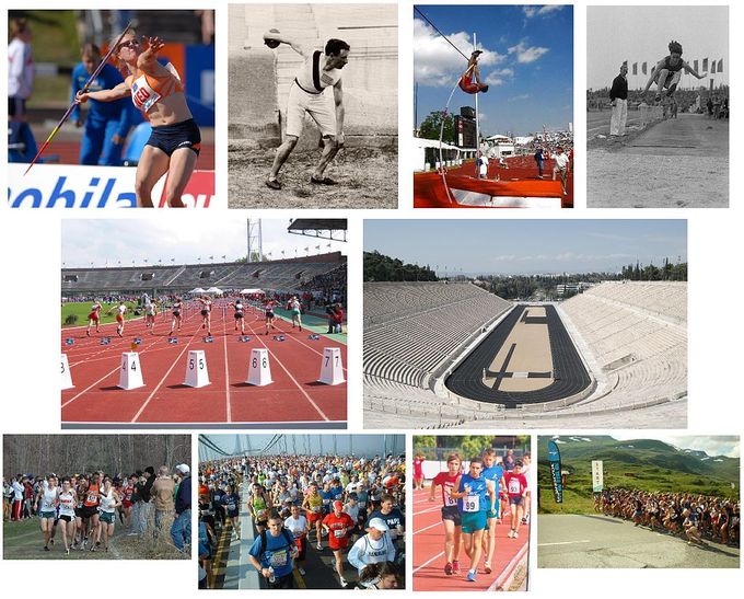 A series of photos that show athletes competing in track and fields events.