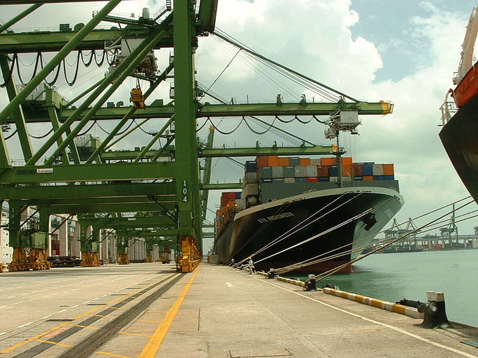 A large ship at the Port of Singapore.