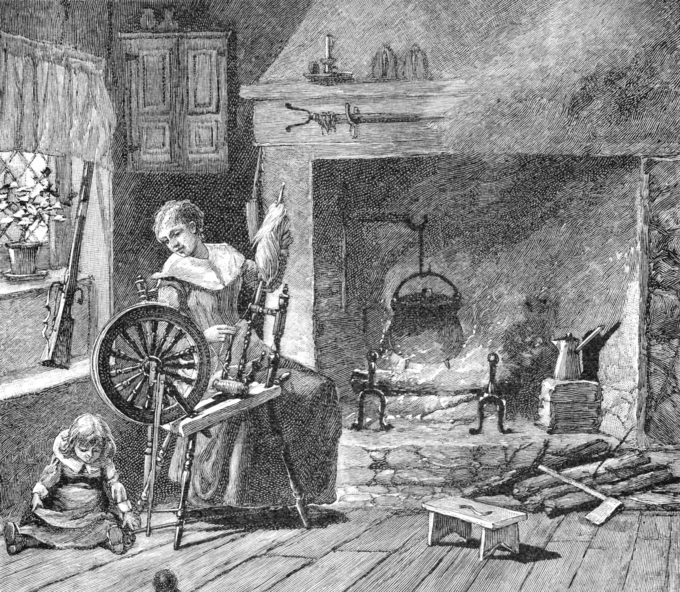 The image is of an engraving showing a colonial kitchen. A woman is spinning while a small child plays nearby on the floor.