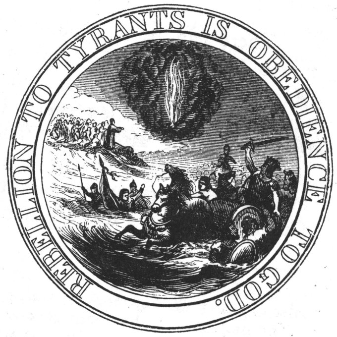 The image on the seal shows Moses standing on the Shore, and extending his Hand over the Sea, thereby causing the same to overwhelm Pharaoh who is sitting in an open Chariot, a Crown on his Head and a Sword in his Hand. Rays from a Pillar of Fire in the Clouds reach to Moses, to express that he acts by Command of the Deity. The motto, 