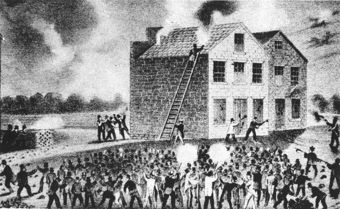 The foreground of the engraving shows a large crowd of men fighting. The background shows a burning building. A man on a ladder attempts to put the fire out.