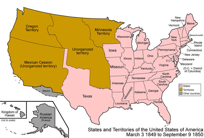 The map distinguishes between states, territories, and land held by other countries. It shows the following states: Maine, New Hampshire, Vermont, Massachusetts, Rhode Island, Connecticut, New York, New Jersey, Pennsylvania, Delaware, Maryland, Virginia, North Carolina, South Carolina, Georgia, Florida, Ohio, Michigan, Indiana, Illinois, Wisconsin, Iowa, Missouri, Kentucky, Tennessee, Alabama, Mississippi, Arkansas, Louisiana, and Texas. It shows four territories: Minnesota Territory, covering modern-day Minnesota and portions of modern-day North Dakota and South Dakota; Unorganized territory, covering modern-day Nebraska and portions of modern-day North Dakota, South Dakota, Montana, Wyoming, Colorado, Kansas, and Oklahoma; Oregon Territory, covering modern-day Washington, Oregon, Idaho, and portions of modern-day Montana and Wyoming; and Mexican Cession, also labelled 