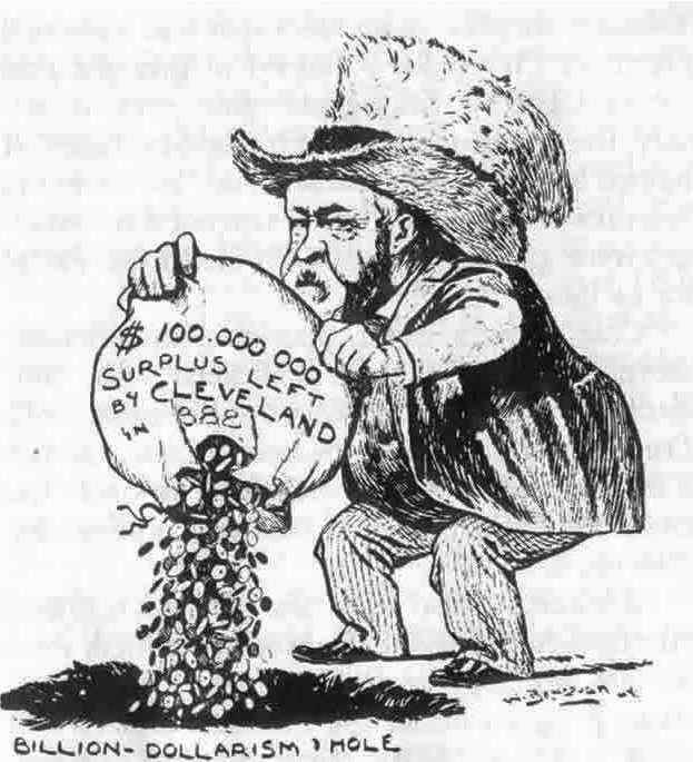 Harrison, who wears a large top hat, is shown pouring a bag of coins labelled 