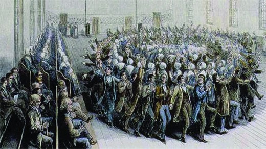 The illustration depicts a mass of Quakers dancing in concentric circles, arms raised, with men and women dancing in alternate rows. Others watch from rows of seats; men sit in one section and women in another.