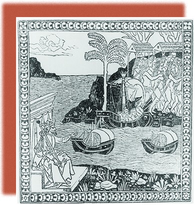 The woodcut shows King Ferdinand of Spain as a crowned, robed ruler seated on a throne, surrounded by land and sea. He points across the Atlantic, where Columbus lands with three large ships. A large group of Indians is shown on the shore.