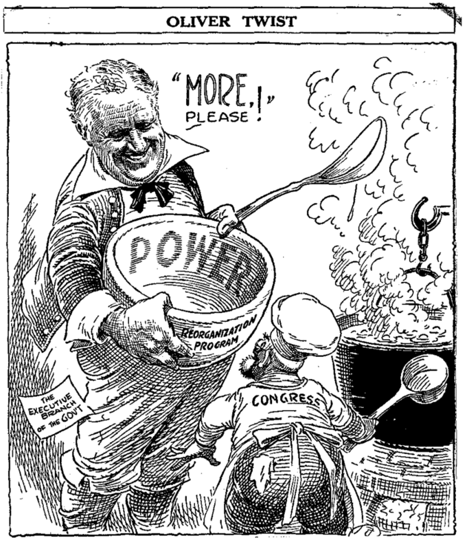 The cartoon depicts FDR, labelled 
