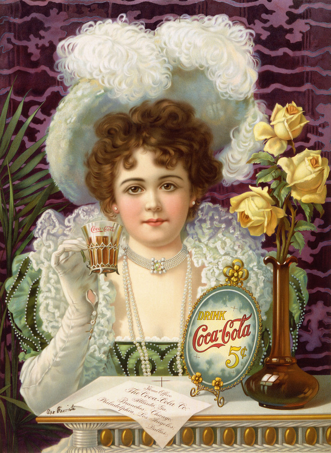 The advertising poster shows a woman in fancy clothes (partially vaguely influenced by 16th- and 17th-century styles) drinking Coke. The card on the table says 