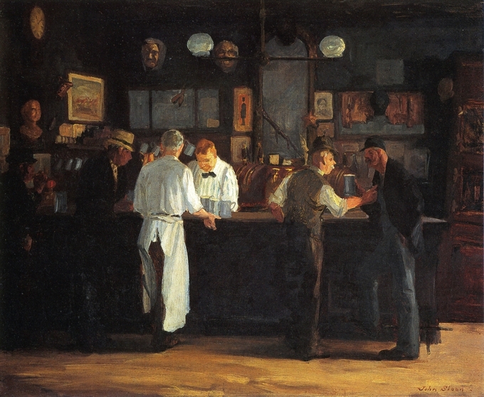The painting shows five men drinking at McSorley's bar.