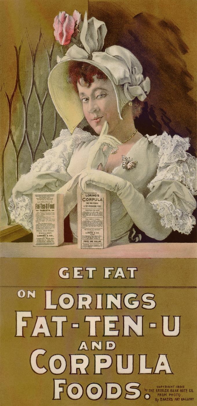 The advertisement shows a lavishly dressed young woman with her finger to her chin. She's holding two packaged of Loring's Corpula. Text at the bottom of the poster reads, 