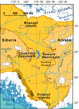 Beringia is defined as the land and maritime area bounded on the west by the Lena River in Russia; on the east by the Mackenzie River in Canada; on the north by 72 degrees north latitude in the Chukchi Sea; and on the south by the tip of the Kamchatka Peninsula. It includes the Chukchi Sea, the Bering Sea, the Bering Strait, the Chukchi and Kamchatka Peninsulas in Russia as well as Alaska in the United States. The area includes land lying on the North American Plate and Siberian land east of the Chersky Range.