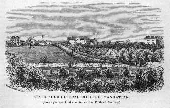 A drawing of Kansas State University as it appeared in 1878. It depicts five buildings with farmland in the foreground.