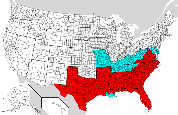 The map shows that the Emancipation Proclamation covered the entirety of of Texas, Arkansas, Mississippi, Alabama, Florida, Georgia, South Carolina, and North Carolina, as well the majority of Louisiana and Virginia. The Emancipation Proclamation did not cover 13 parishes in southeast Louisiana or eight counties in southeast Virginia. It also did not cover the entirety of Missouri, Tennessee, Kentucky, West Virginia, Maryland, and Delaware.