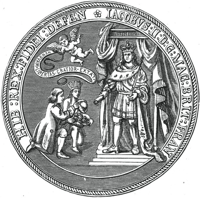 The image depicts a Native American and a colonist kneeling at the feet of King James.