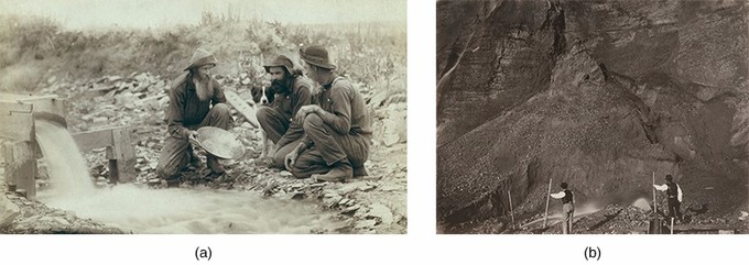 Image (a) is a photograph of three prospectors kneeling beside a stream and panning for gold. Image (b) is a photograph of two laborers engaged in hydraulic mining, with a massive expanse of rock spread out before them.