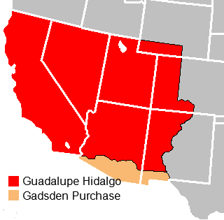 The Mexican Cession acquired through the Treaty of Guadalupe Hidalgo included the entirety of California, Nevada, and Utah; the majority of Arizona; and portions of Wyoming, Colorado, and New Mexico. The Gadsden Purchase included southern Arizona and the southwest corner of New Mexico.