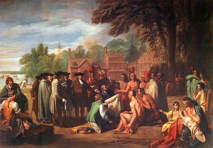 The painting shows a small group of colonials and a small ground of Native Americans making the agreement.