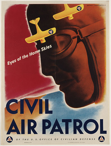 Civil Air Patrol poster produced for the Office of Civilian Defense, as part of a campaign to build interest in joining CAP during World War II. The image shows the profile of an airmen and two yellow airplanes. The text reads, 