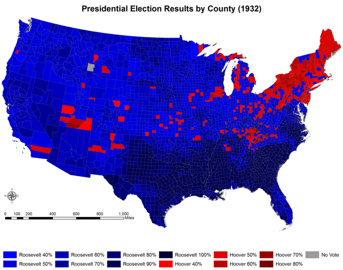 The map shows that Hoover did well in the northeast, but Roosevelt captured the majority of the vote almost everywhere else in the country, particularly in the southeast.
