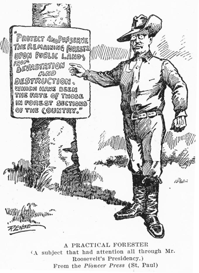 Theodor Roosevelt points to a sign posted to a tree that says 