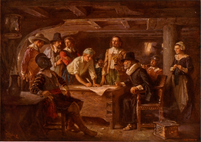 The painting depicts passengers of the Mayflower signing the 