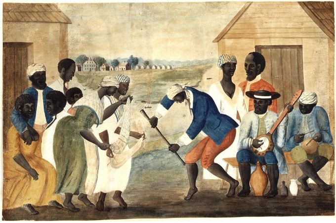 The folk painting depicts a group African-American slaves dancing to banjo and drum music.