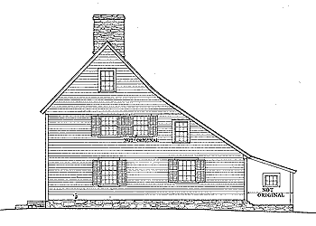 The drawing shows the side elevation of a saltbox house, a traditional New England style of house with a long, pitched roof that slopes down to the back. A saltbox has just one story in the back and two stories in the front. The flat front and central chimney are recognizable features, but the asymmetry of the unequal sides and the long, low rear roof line are the most distinctive features of a saltbox, which takes its name from its resemblance to a wooden lidded box in which salt was once kept.
