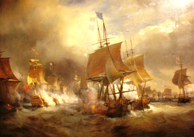 The painting shows a number of burning ships at the Battle of Ushant.