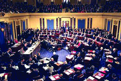 A photograph shows an aerial view of proceedings on the Senate floor during Bill Clinton's impeachment trial.